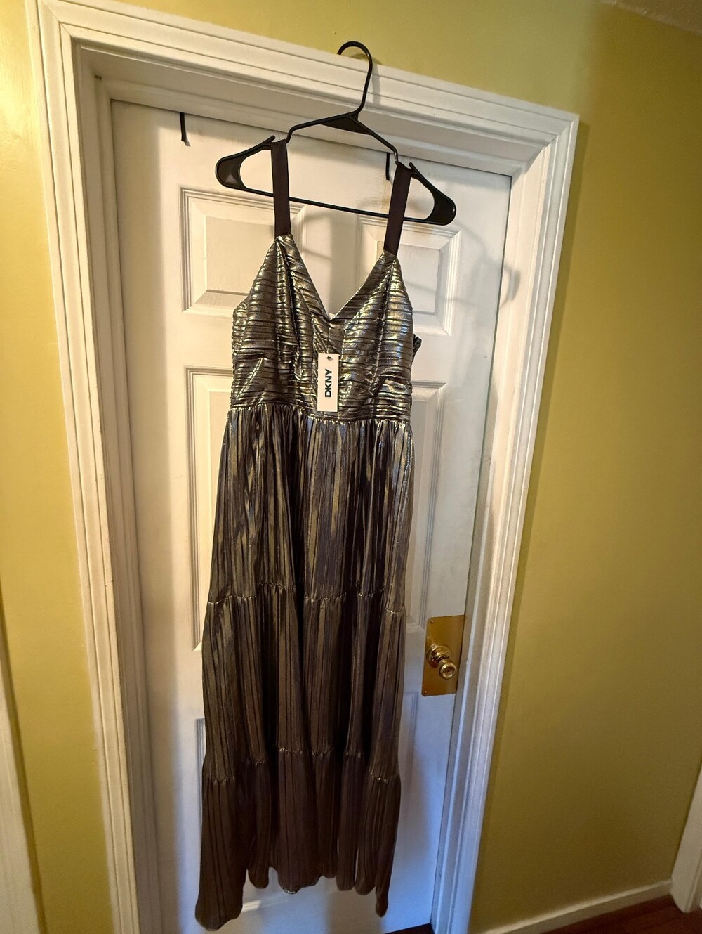 DKNY Metallic Silver Pleated Maxi Dress